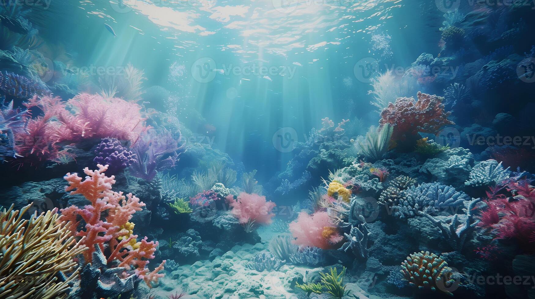 Beautiful underwater scenery with various types of fish and coral reefs photo