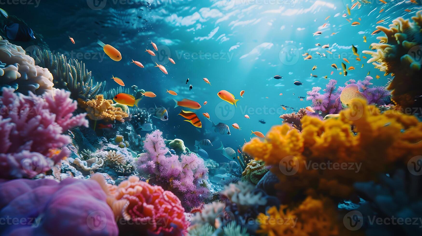 Beautiful underwater scenery with various types of fish and coral reefs photo