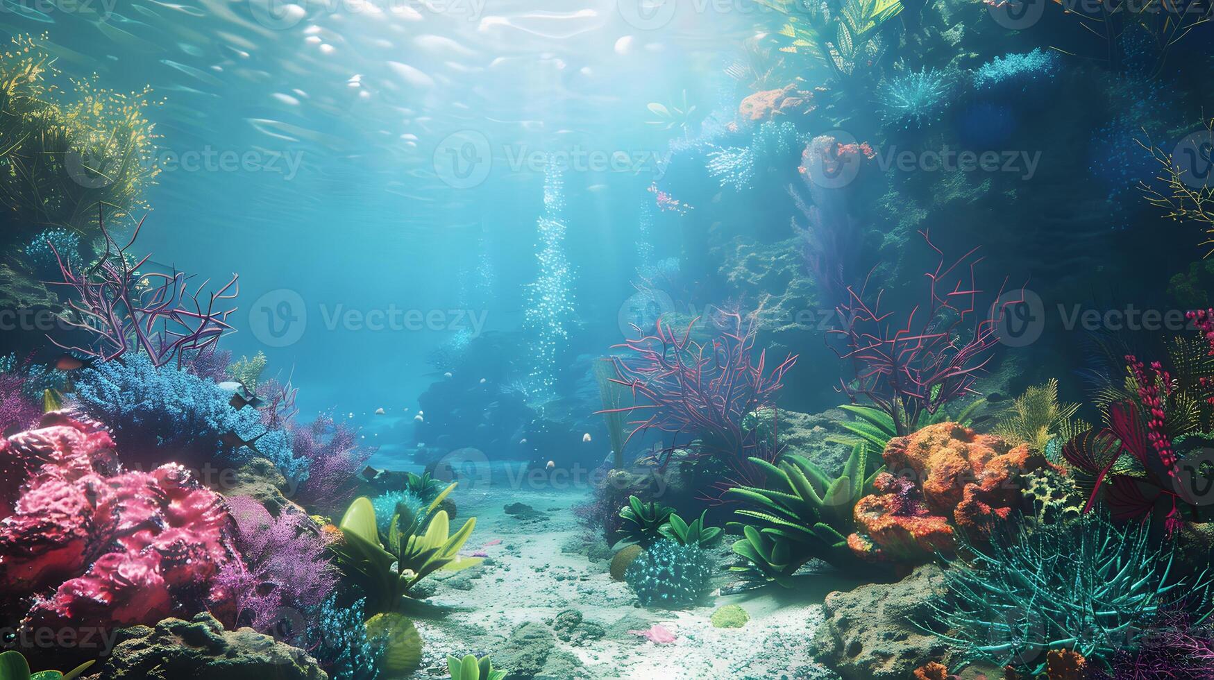 Beautiful underwater scenery with various types of fish and coral reefs photo