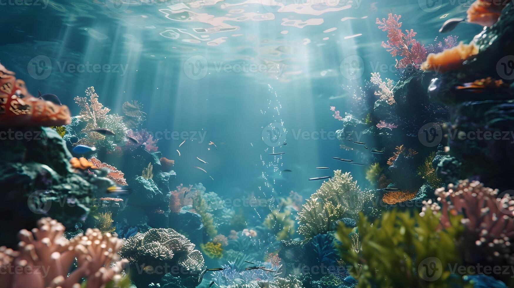 Beautiful underwater scenery with various types of fish and coral reefs photo
