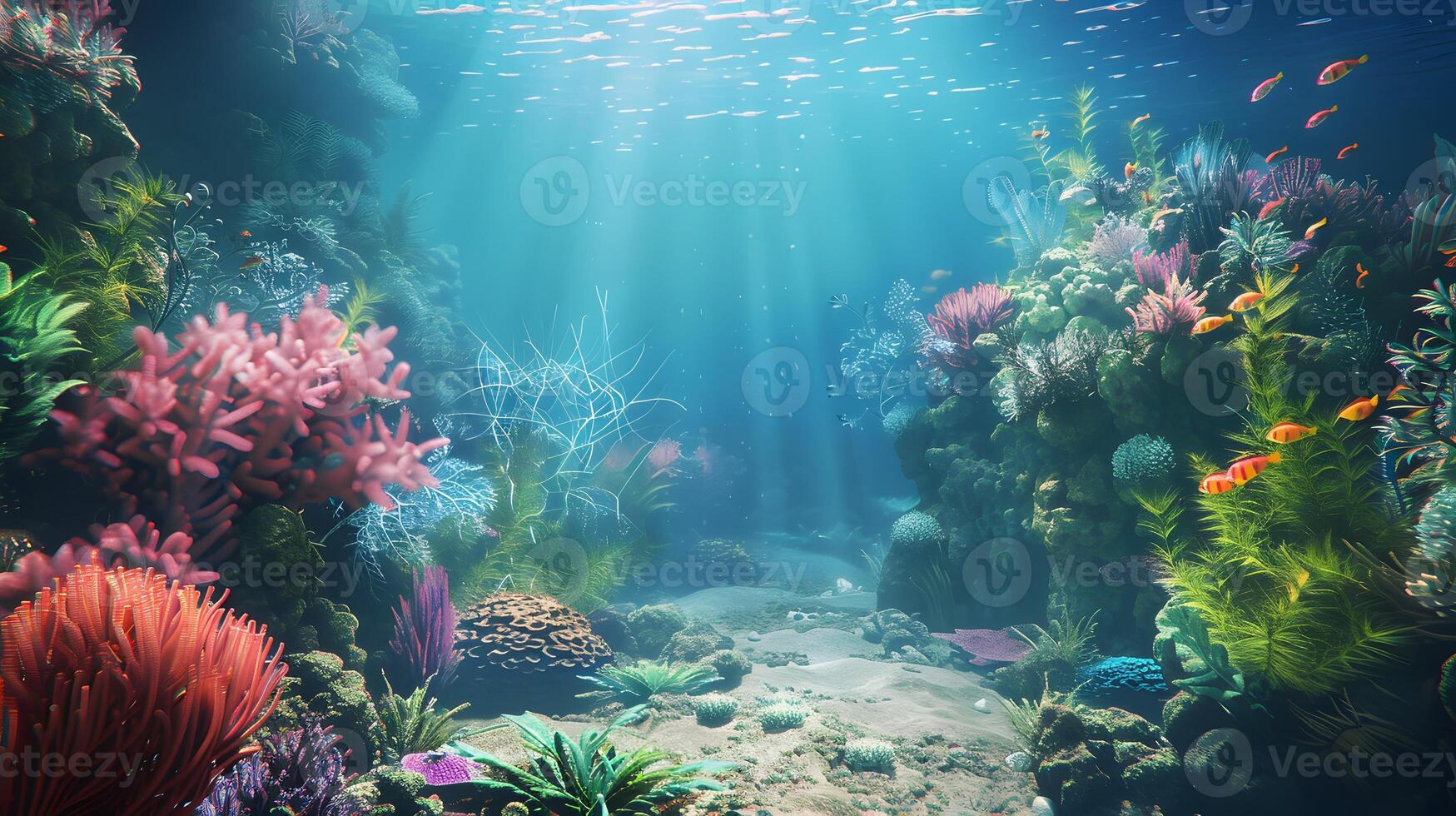 Beautiful underwater scenery with various types of fish and coral reefs photo