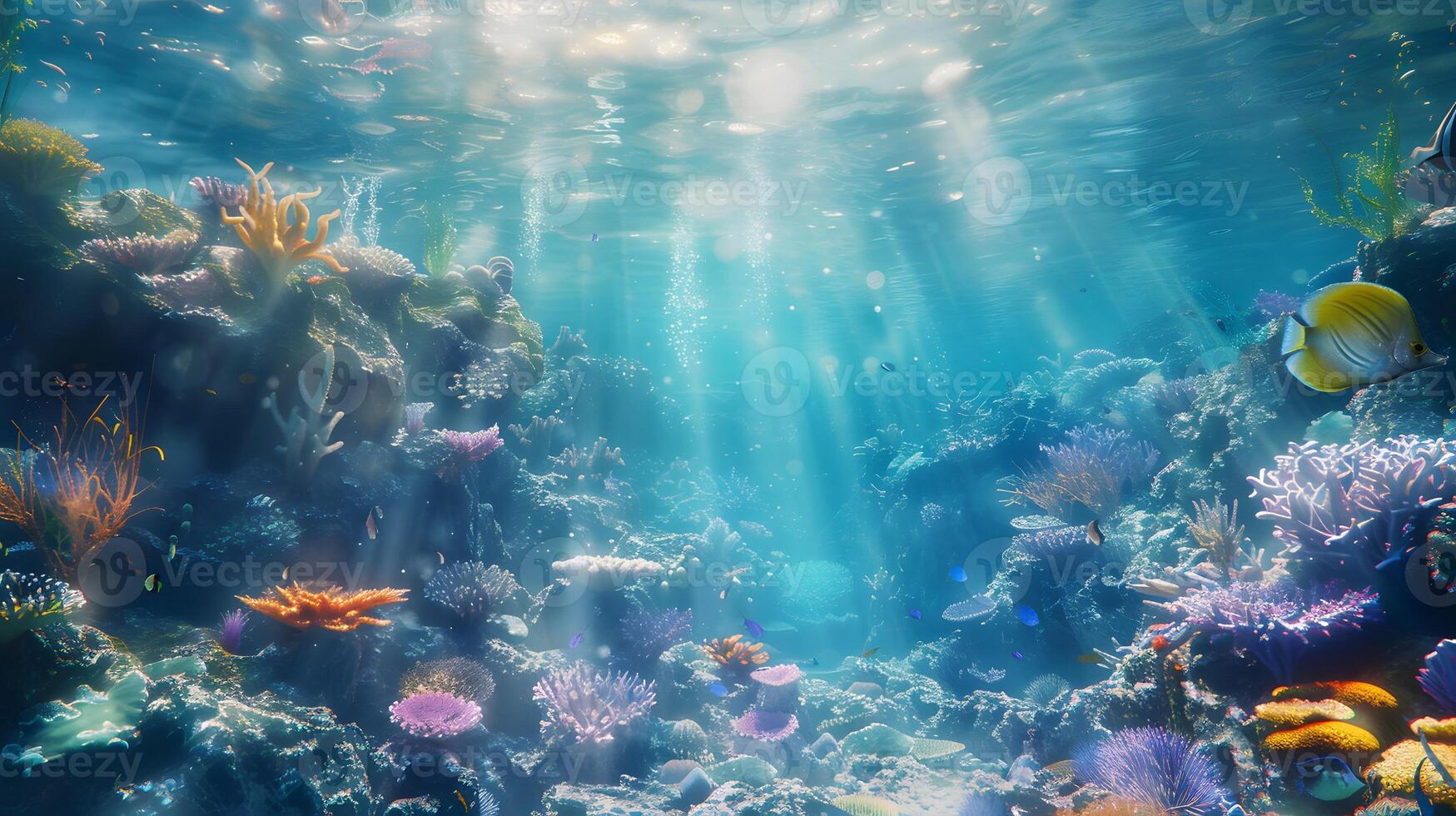 Beautiful underwater scenery with various types of fish and coral reefs photo