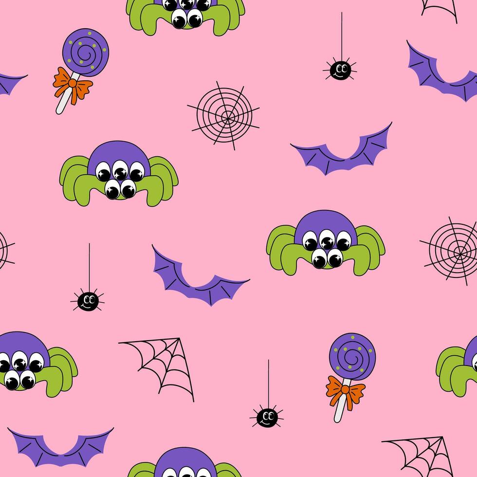 Seamless pattern with spiders in y2k style. Cartoon haloween elements for textile, fabric, print design, wallpaper, gift paper vector