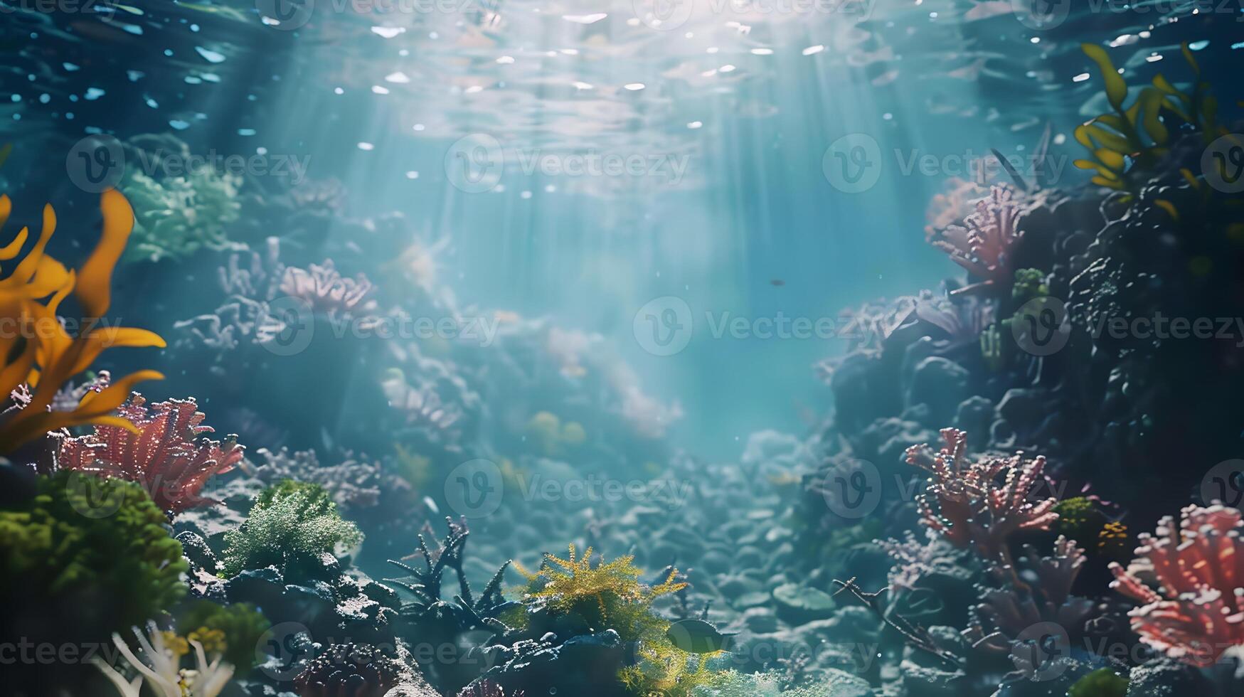 Beautiful underwater scenery with various types of fish and coral reefs photo