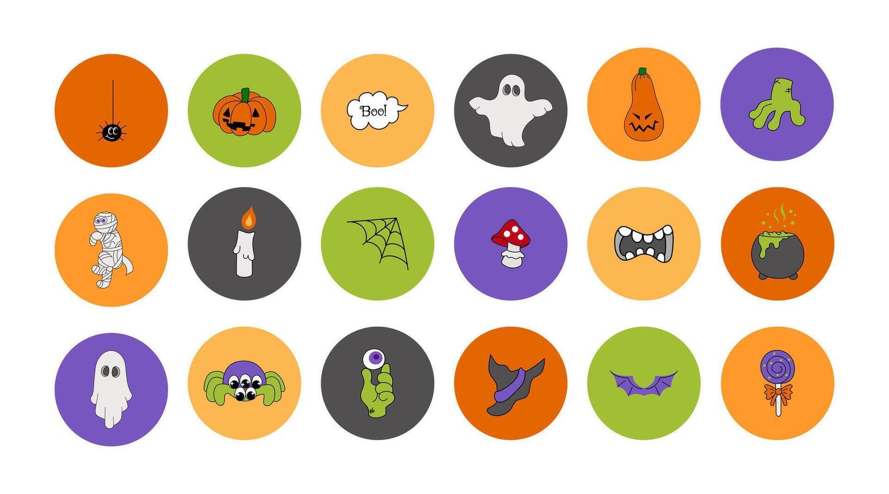 Set of round stickers with Halloween spooky monsters. Groovy hand drawn characters for highlights covers, web, poster, postcard, design print, retro design illustration vector