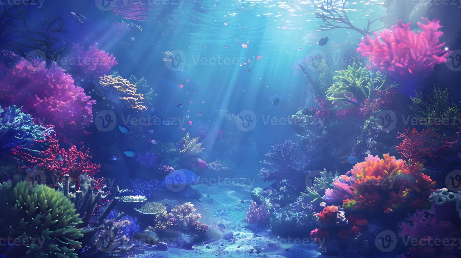 Beautiful underwater scenery with various types of fish and coral reefs photo
