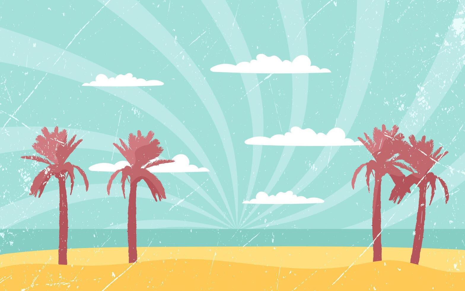 Sunset beach landscape, palms and ocean. Poster, banner, postcard in retro style vector