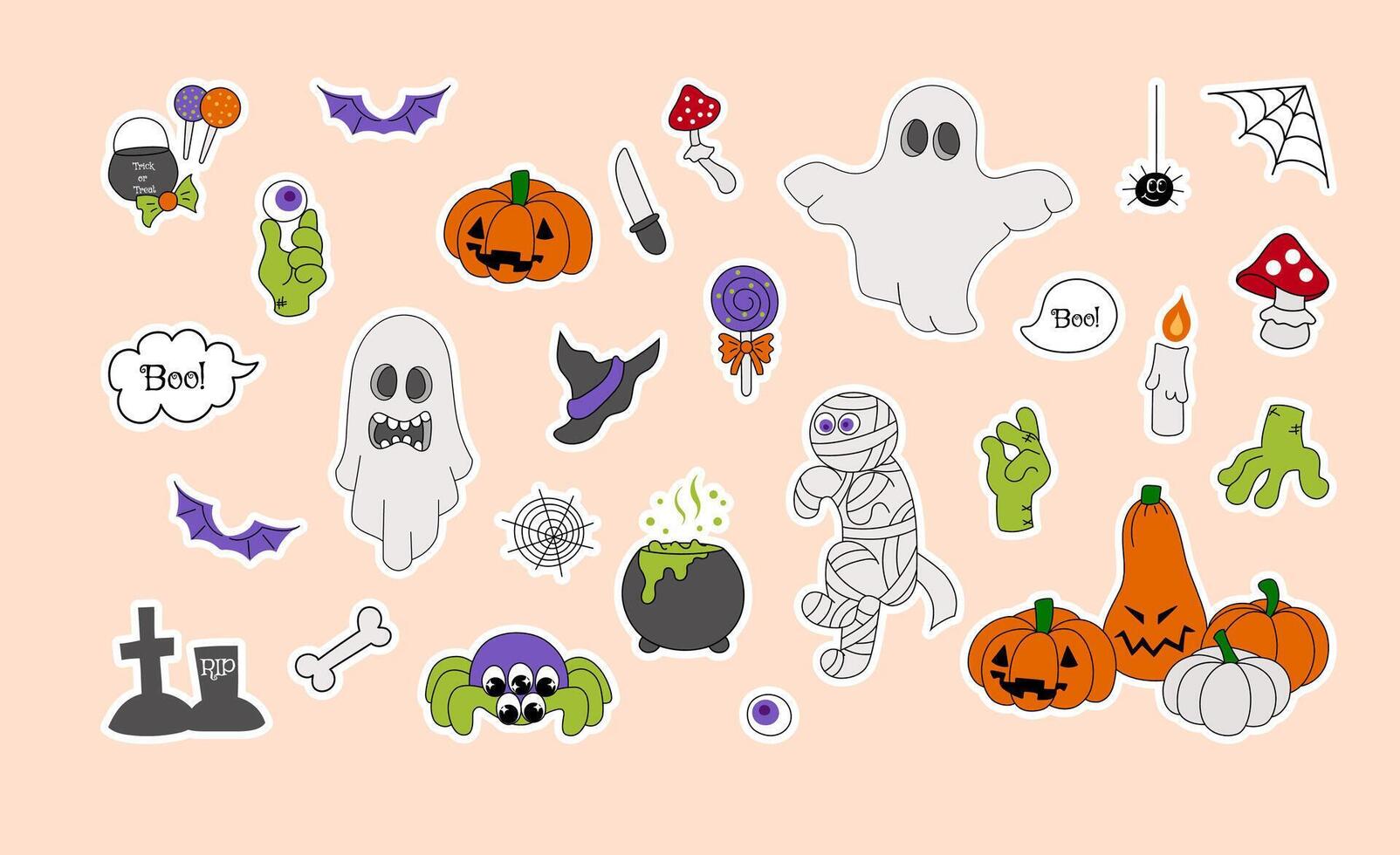 Groovy Halloween stickers, pumpkin, zombie, spider objects in y2k style. Hand drawn retro collection vector
