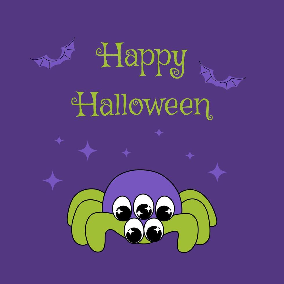 Cute groovy hand drawn spider character, spooky monster. Happy halloween illustration, poster, banner, postcard, design print vector