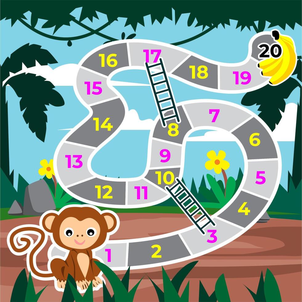 Snake and ladder board game with background cartoon monkey in jungle vector