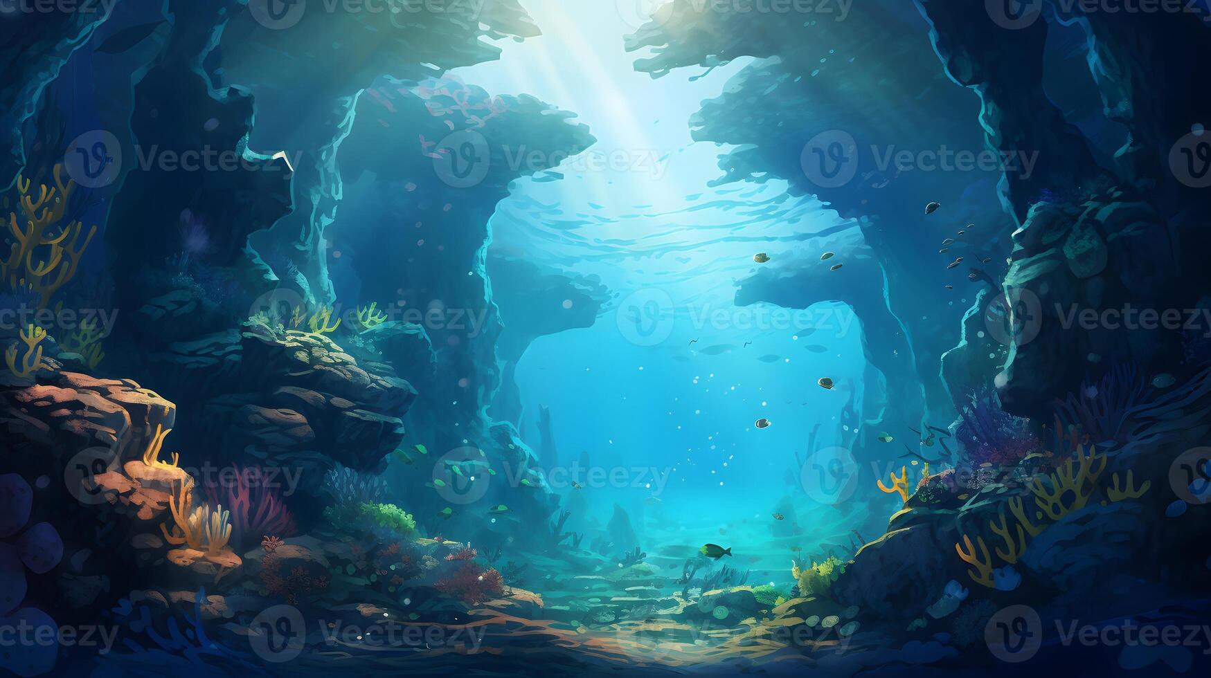 Beautiful underwater scenery with various types of fish and coral reefs photo
