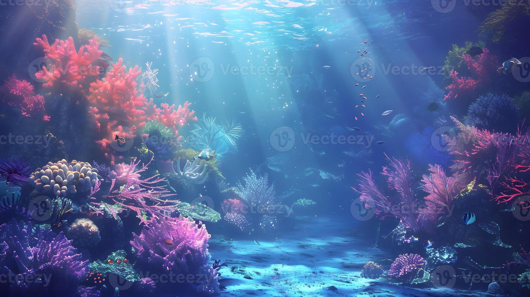 Beautiful underwater scenery with various types of fish and coral reefs photo