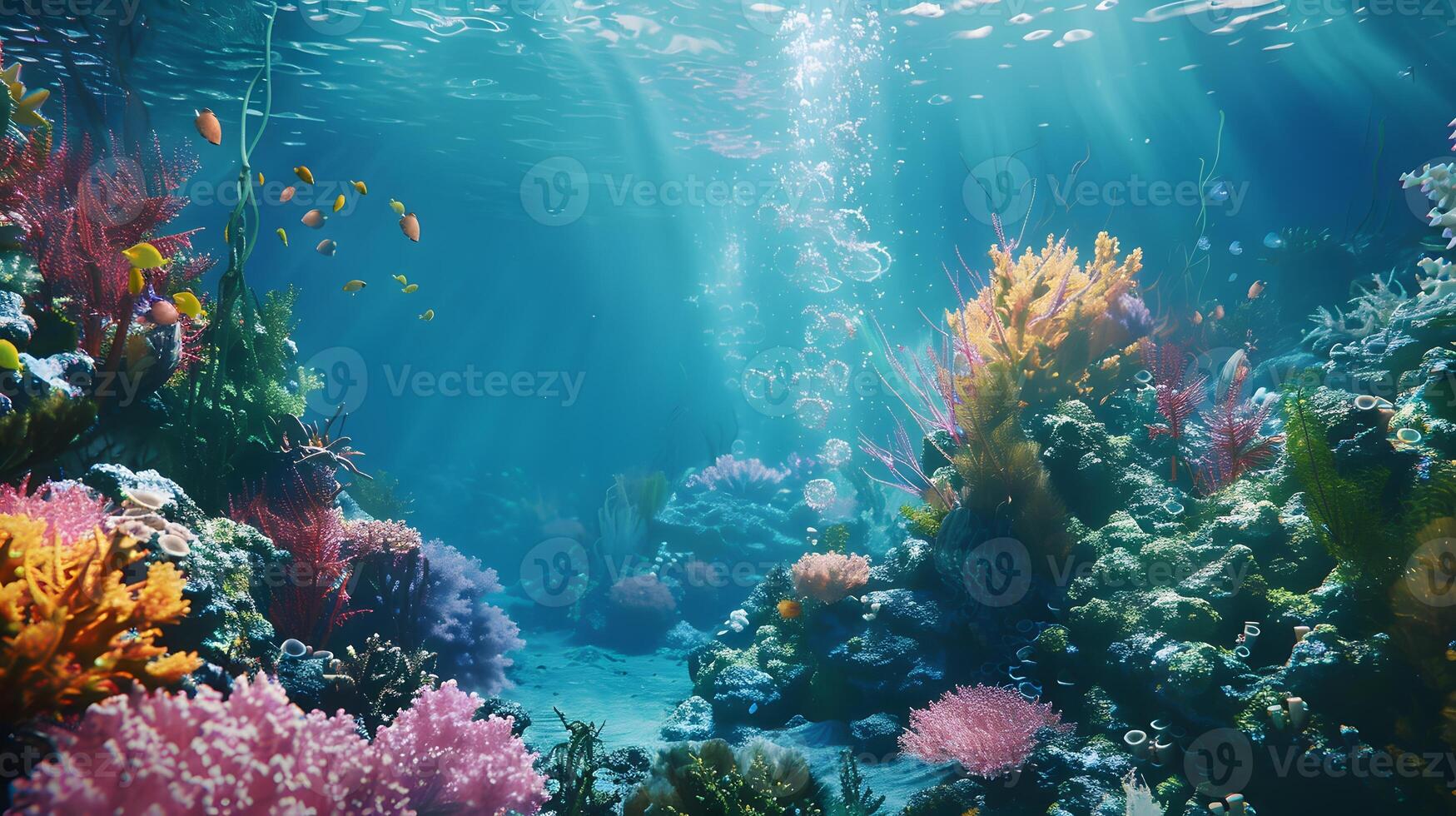 Beautiful underwater scenery with various types of fish and coral reefs photo