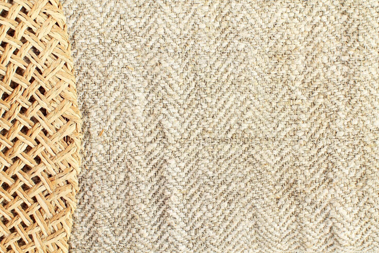 Natural Linen Material Textile Canvas Fabric Texture Background Close-up Detail of Fabric Natural Color Hemp Material Pattern Design Wallpaper. Can be Used as Background or For Graphic Design photo