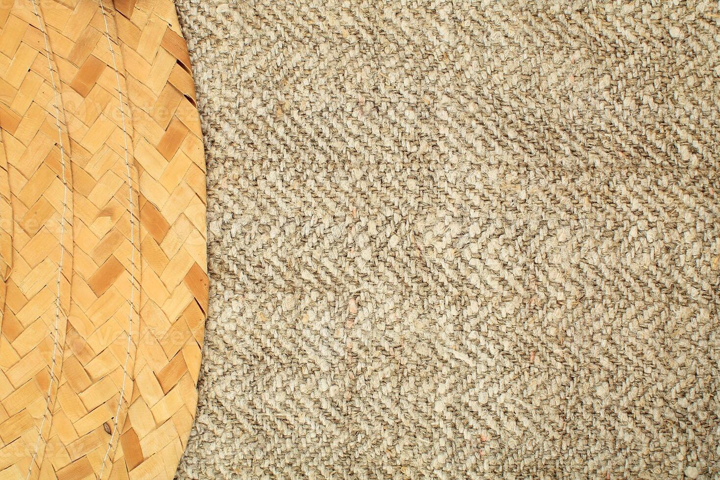 Natural Linen Material Textile Canvas Fabric Texture Background Close-up Detail of Fabric Natural Color Hemp Material Pattern Design Wallpaper. Can be Used as Background or For Graphic Design photo