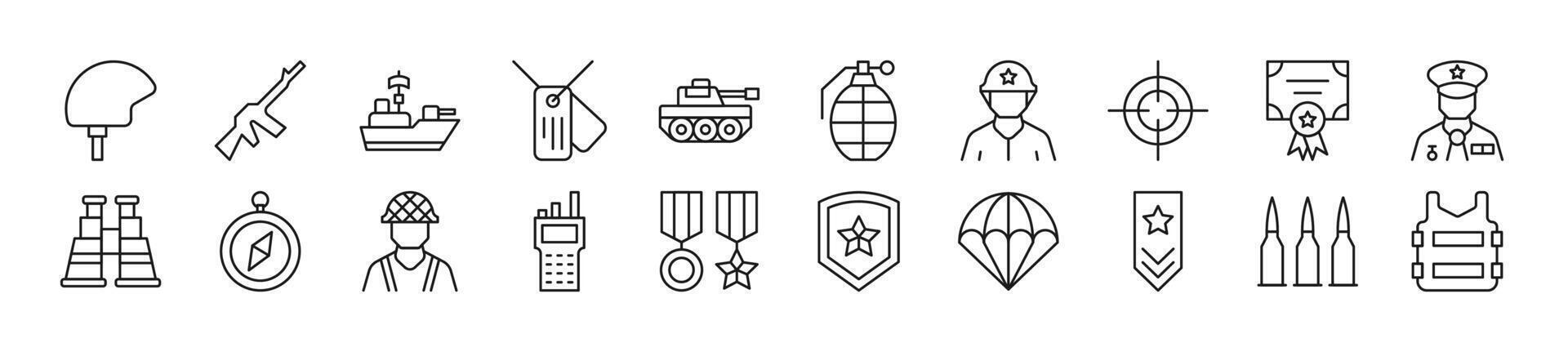 Collection of thin signs of army. Editable stroke. Simple linear illustration for stores, shops, banners, design vector