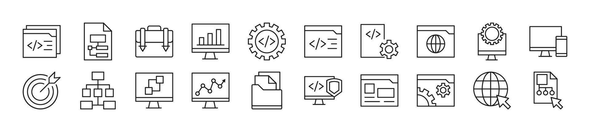 Set of thin line icons of programming. Editable stroke. Simple linear illustration for web sites, newspapers, articles book vector