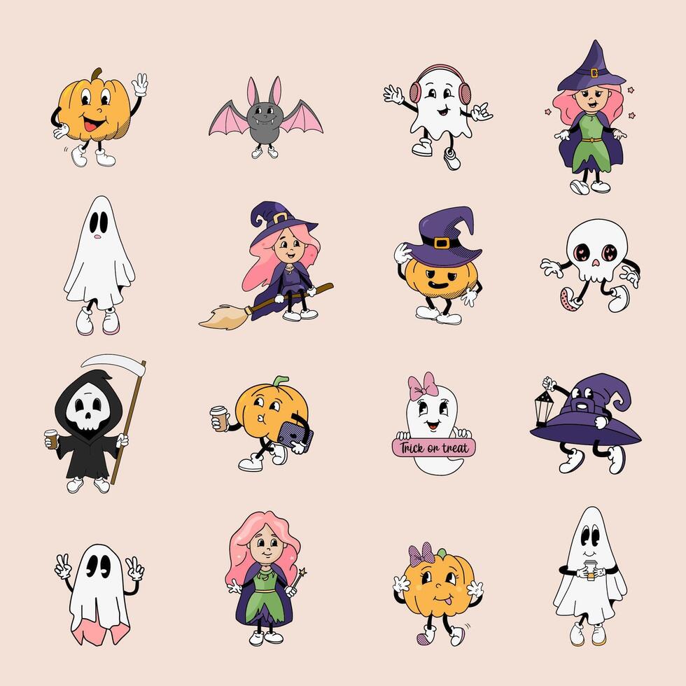 Groovy Halloween character collection featuring cute and playful designs of witches, ghosts, pumpkins, and skeletons in a retro, colorful style. vector