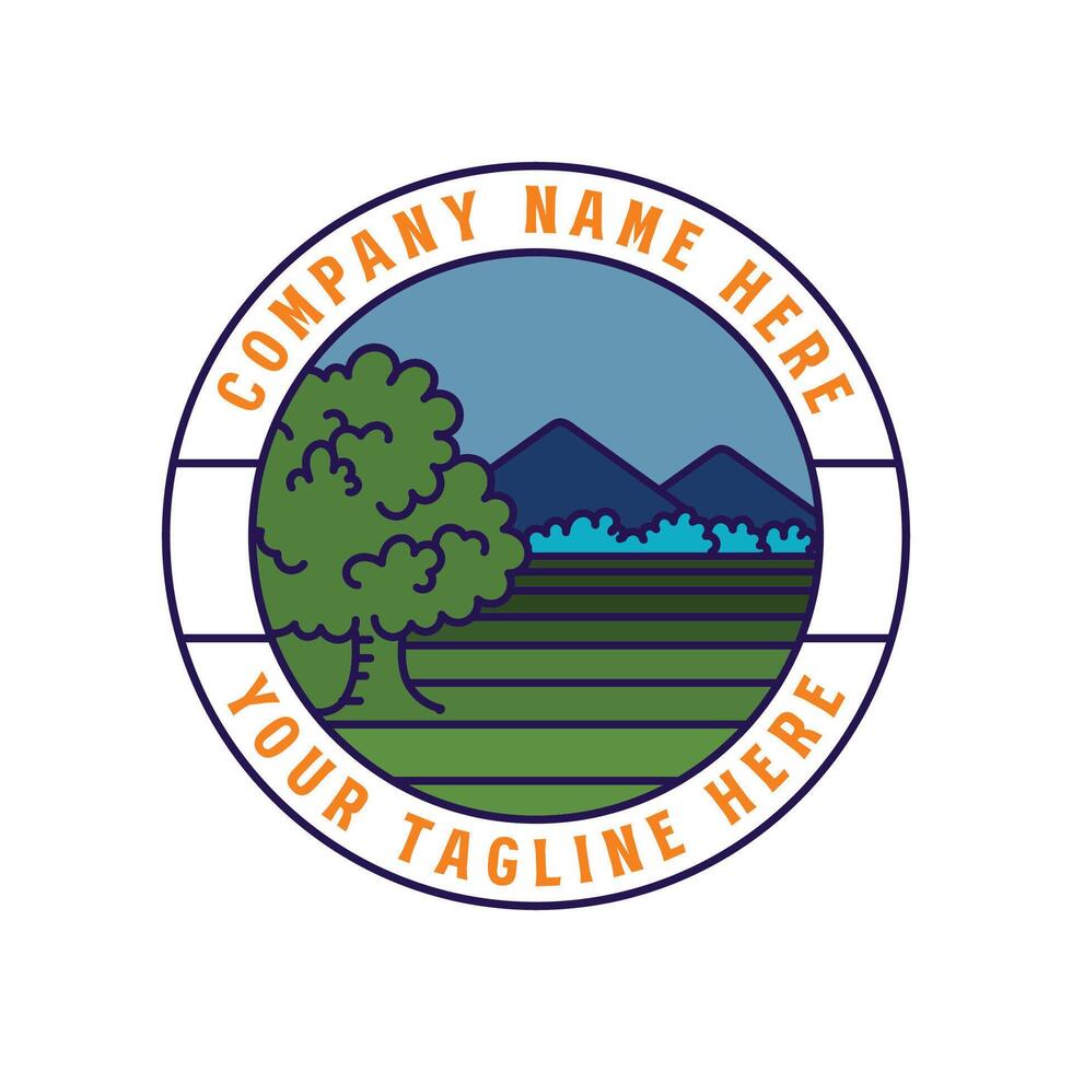Circular Mountain Hill Landscape with Meadow and Oak Tree for Outdoor Adventure Badge Emblem vector