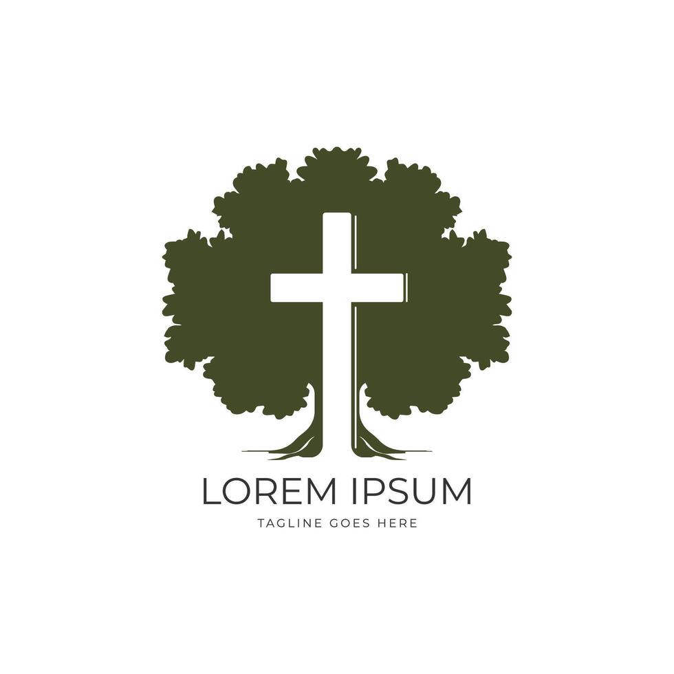 Oak Banyan Maple Tree Silhouette with Jesus Christian Cross for Religion Design vector