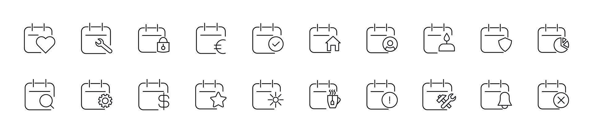 Collection of thin images of calendars with various items. Editable stroke. Simple line icon for web sites, newspapers, articles book vector