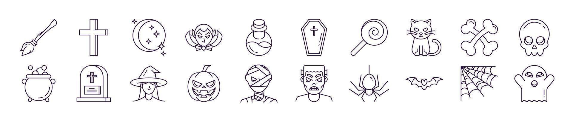 Collection of icons of Halloween for Advertisement. Suitable for books, stores, shops. Editable stroke in minimalistic outline style. Symbol for design vector