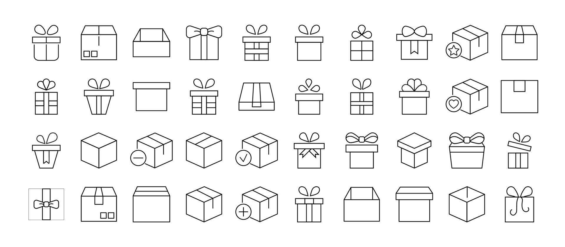 Collection of Icons of boxes and giftboxes as holiday and delivery symbols for Shops and Stores. Suitable for books, stores, shops. Editable stroke in minimalistic outline style. Symbol for design vector