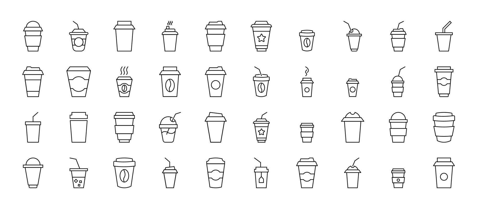 Collection of Line Icons of coffee, tea or other drinks in disposable cups. Suitable for books, stores, shops. Editable stroke in minimalistic outline style. Symbol for design vector