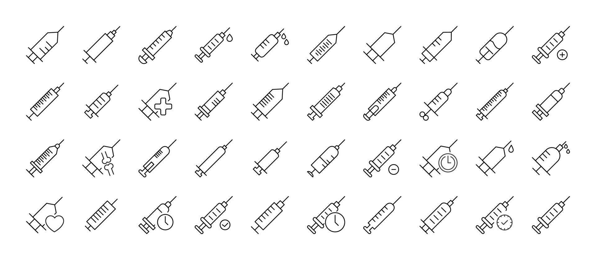 Collection of Icons of syringe as symbol of hospital, doctor and healthcare concept. Suitable for books, stores, shops. Editable stroke in minimalistic outline style. Symbol for design vector