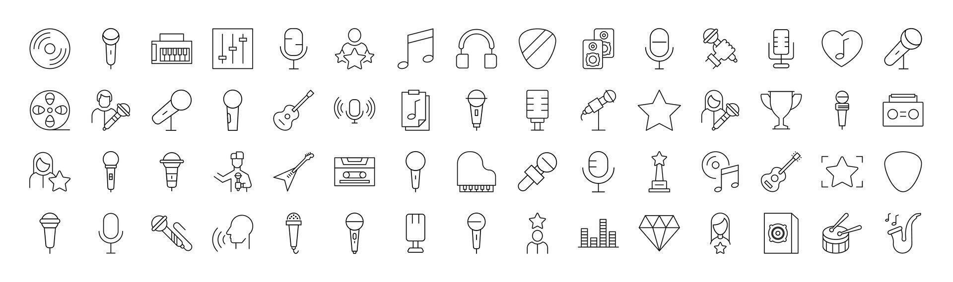 Collection of icons of music, singer, microphone for Advertisement. Suitable for books, stores, shops. Editable stroke in minimalistic outline style. Symbol for design vector
