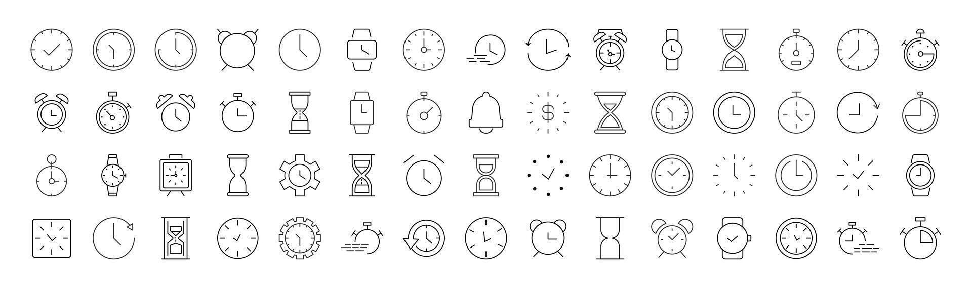 Collection of icons of clock, alarm clock, hourglass for Advertisement. Suitable for books, stores, shops. Editable stroke in minimalistic outline style. Symbol for design vector