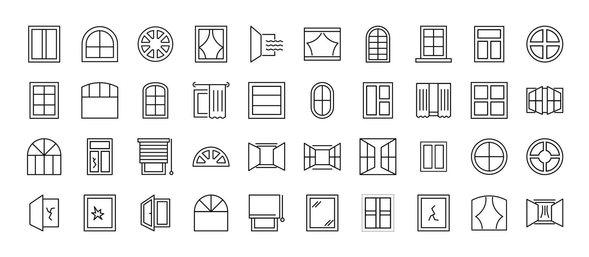 Collection of Icons of various windows as part of house. Suitable for books, stores, shops. Editable stroke in minimalistic outline style. Symbol for design vector
