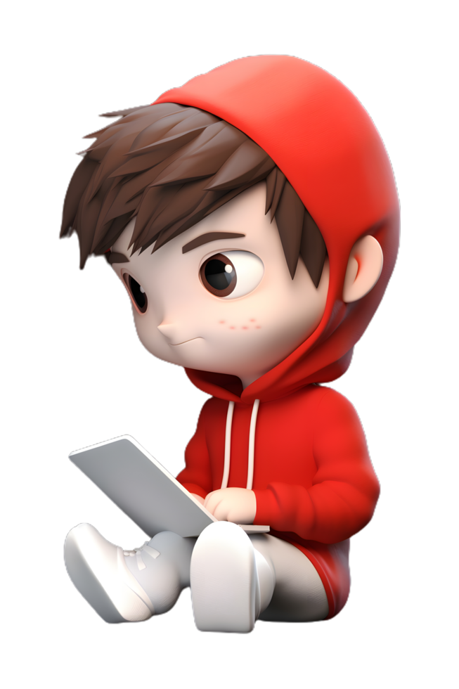 a cartoon boy in a red hoodie sitting on a laptop png