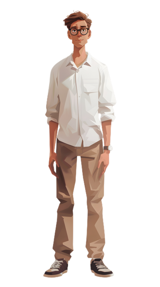 a cartoon man in glasses standing in front of a white background png