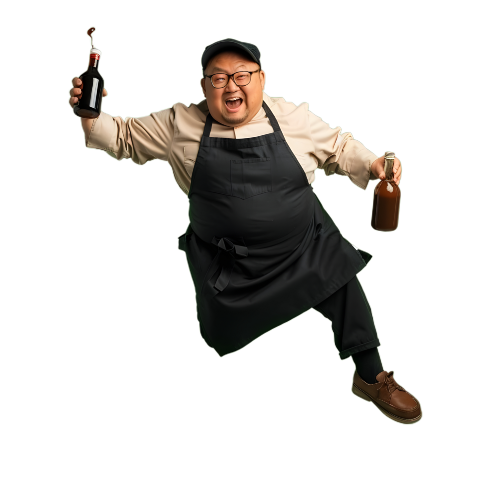 a man in a chef's outfit jumping with a beer png