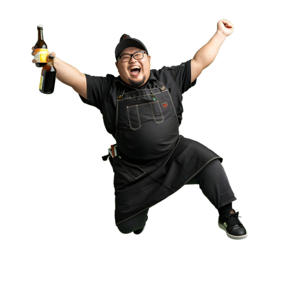 a man in an apron holding a bottle and jumping png