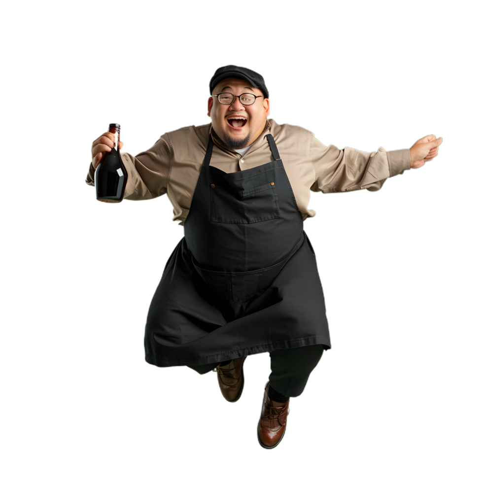 chef jumping with wine bottle png