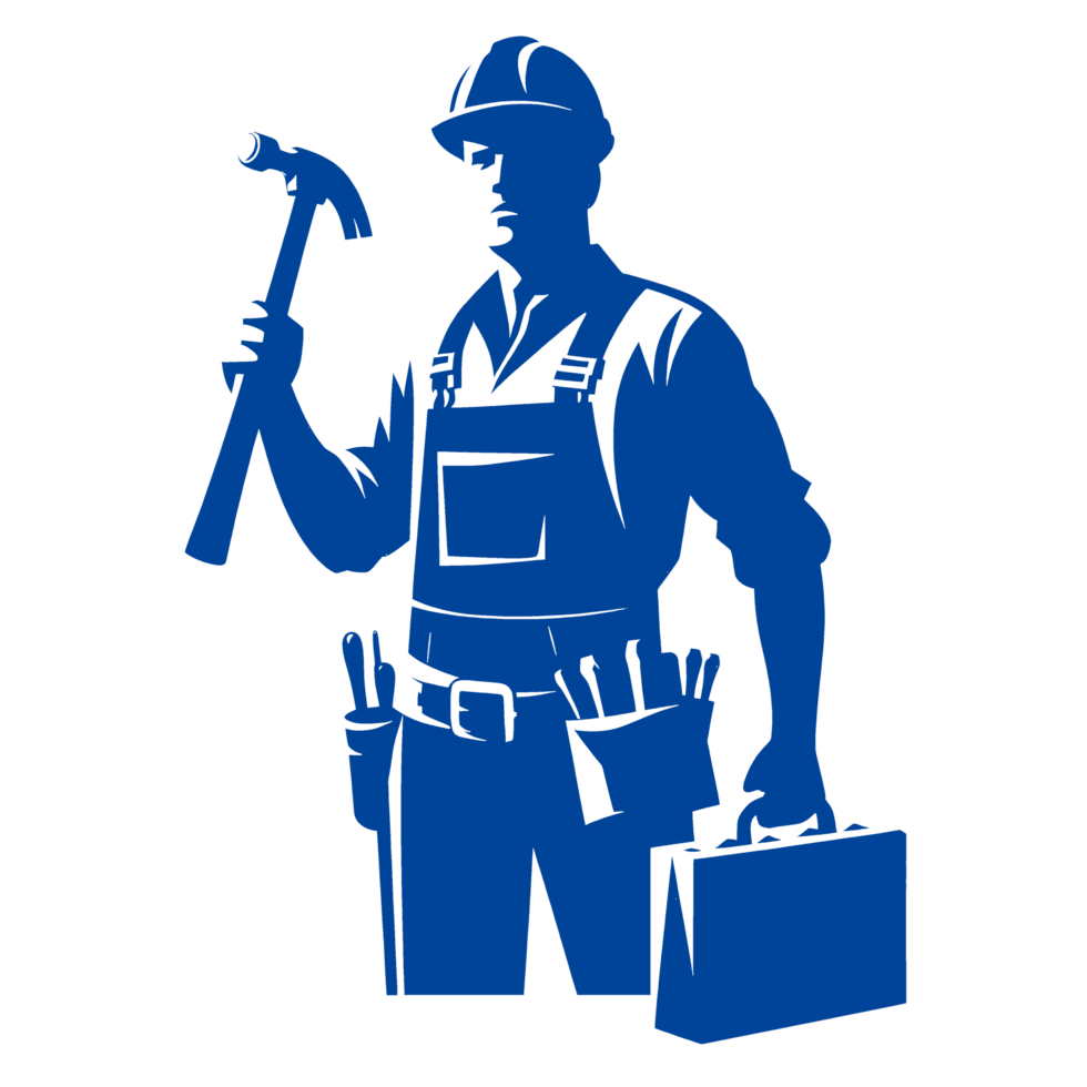 Construction Worker Holding a Hammer with Tool Belt and Toolbox png