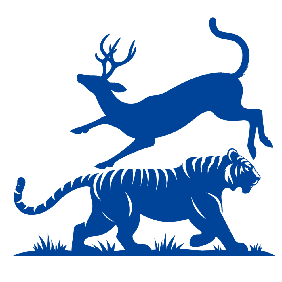 Blue Silhouette of a Deer Leaping Over a Tiger in Grass png