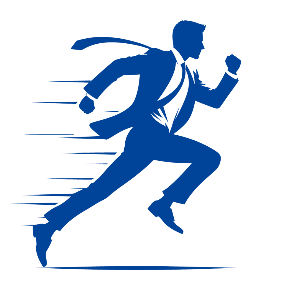 Blue Silhouette of a Businessman Running with a Tie Flying Behind Him png