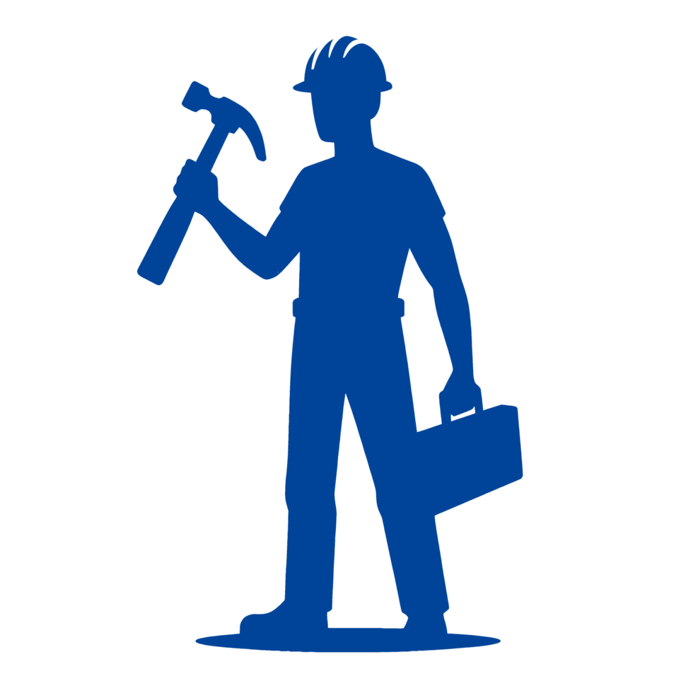 Blue Silhouette of a Construction Worker Holding a Hammer and Tool Box png