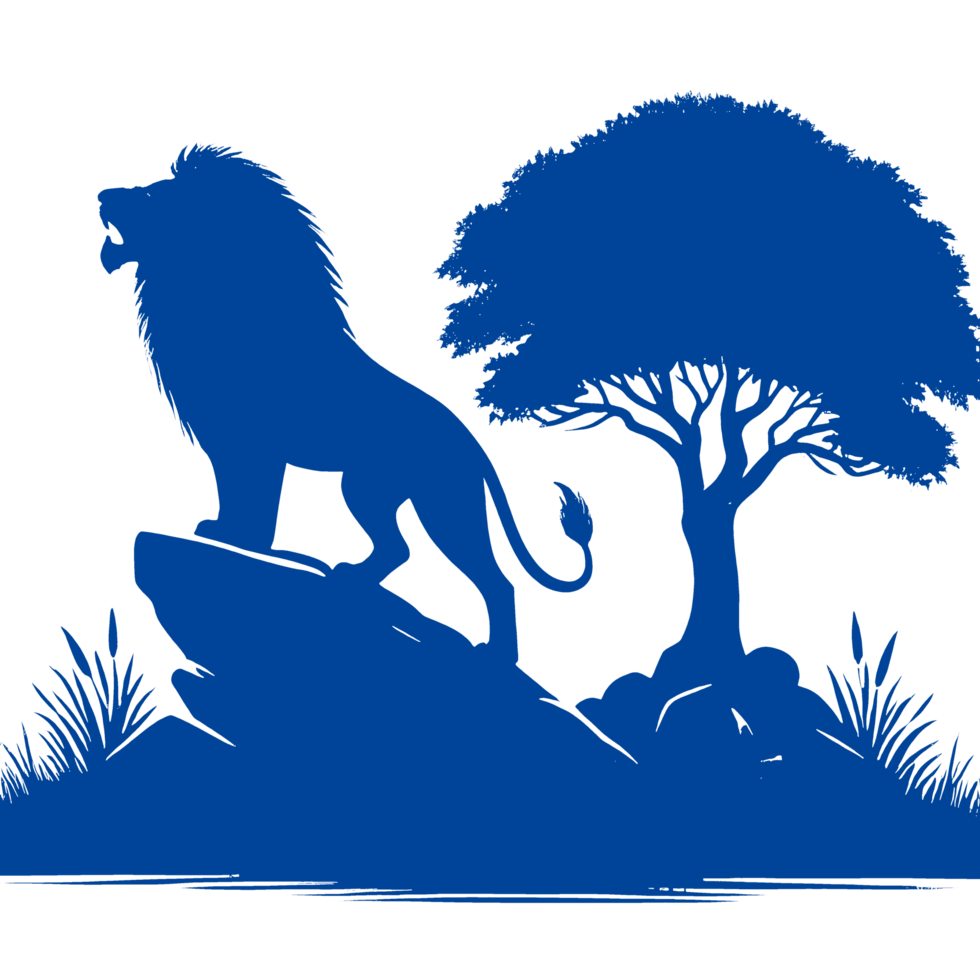 Blue Silhouette of a Roaring Lion on a Rock with a Tree and Grass png