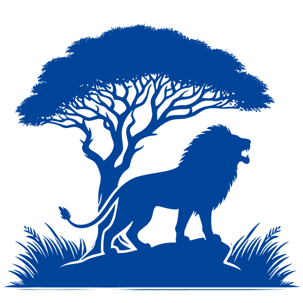 Blue Silhouette of a Lion Underneath a Tree png