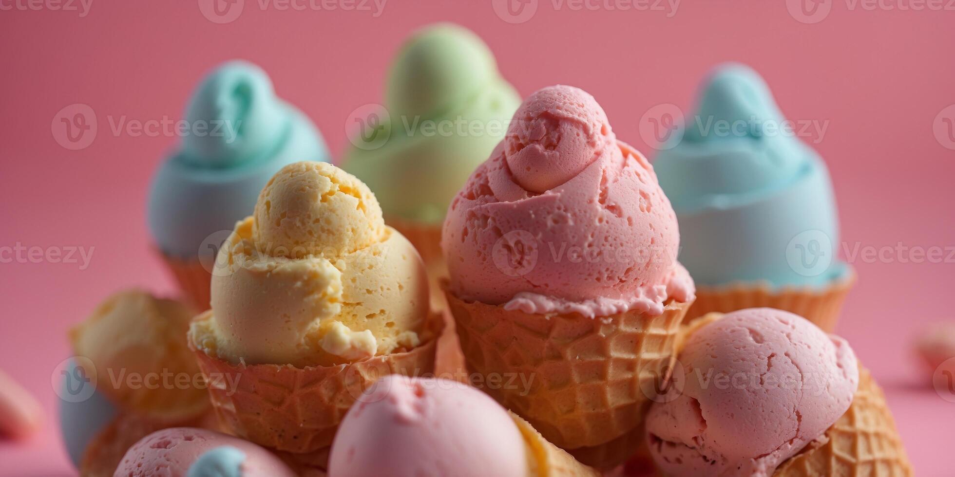 Scoops of colorful ice cream on pink background. photo