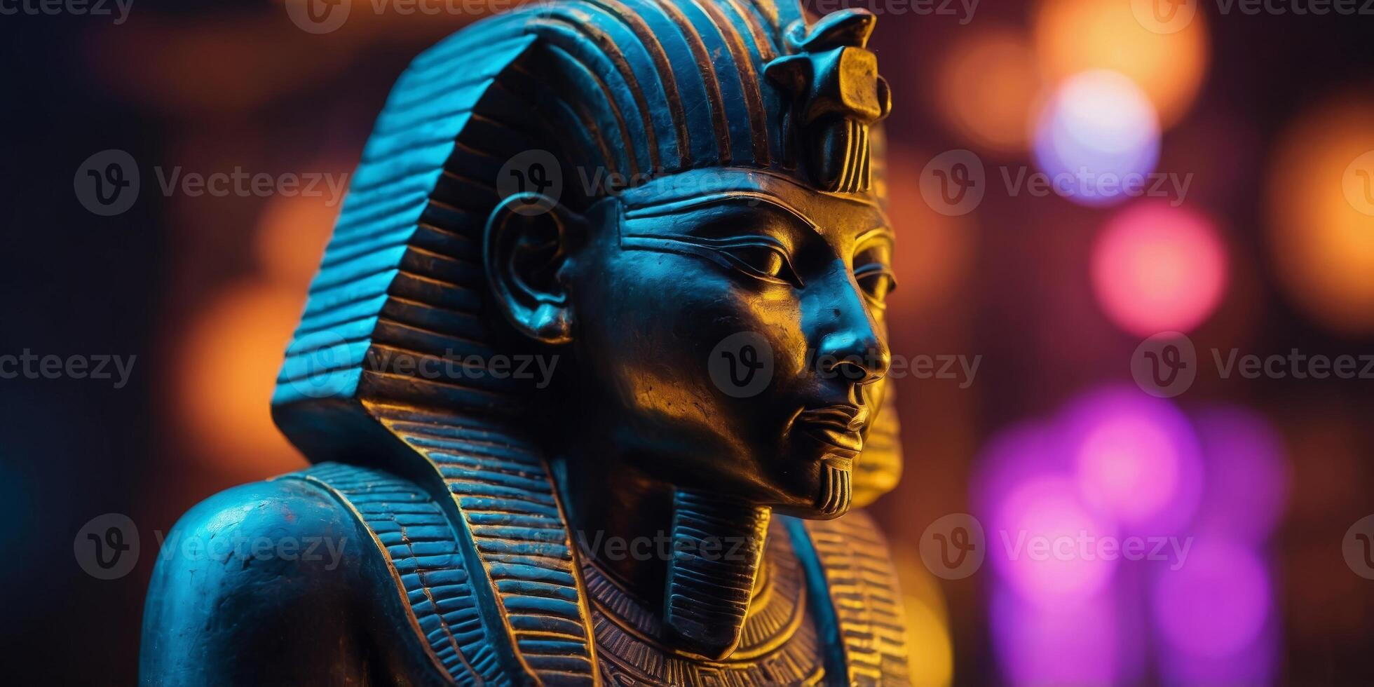 Ancient Egyptian pharaoh statue illuminated by neon lights for creative use. photo