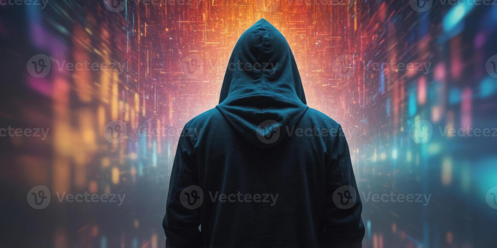 Hooded Figure Amid Futuristic Digital Landscape with Glitches and Binary Data. photo