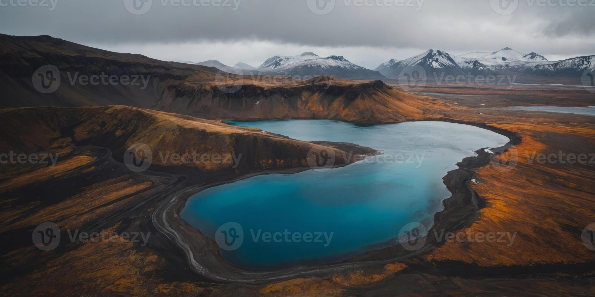 Aerial view of a moody volcanic lake in Iceland's Highlands. photo