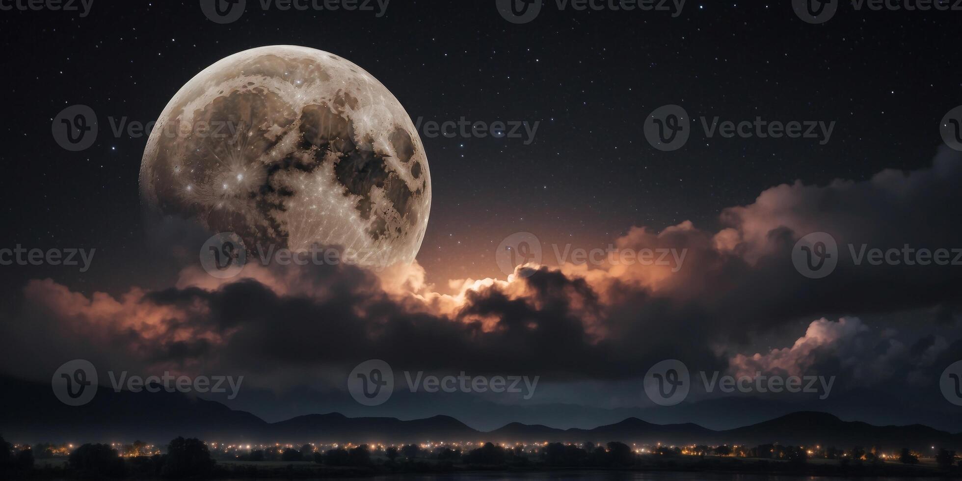 amazing scenery of white glowing moon with craters in black sky with clouds at night. photo