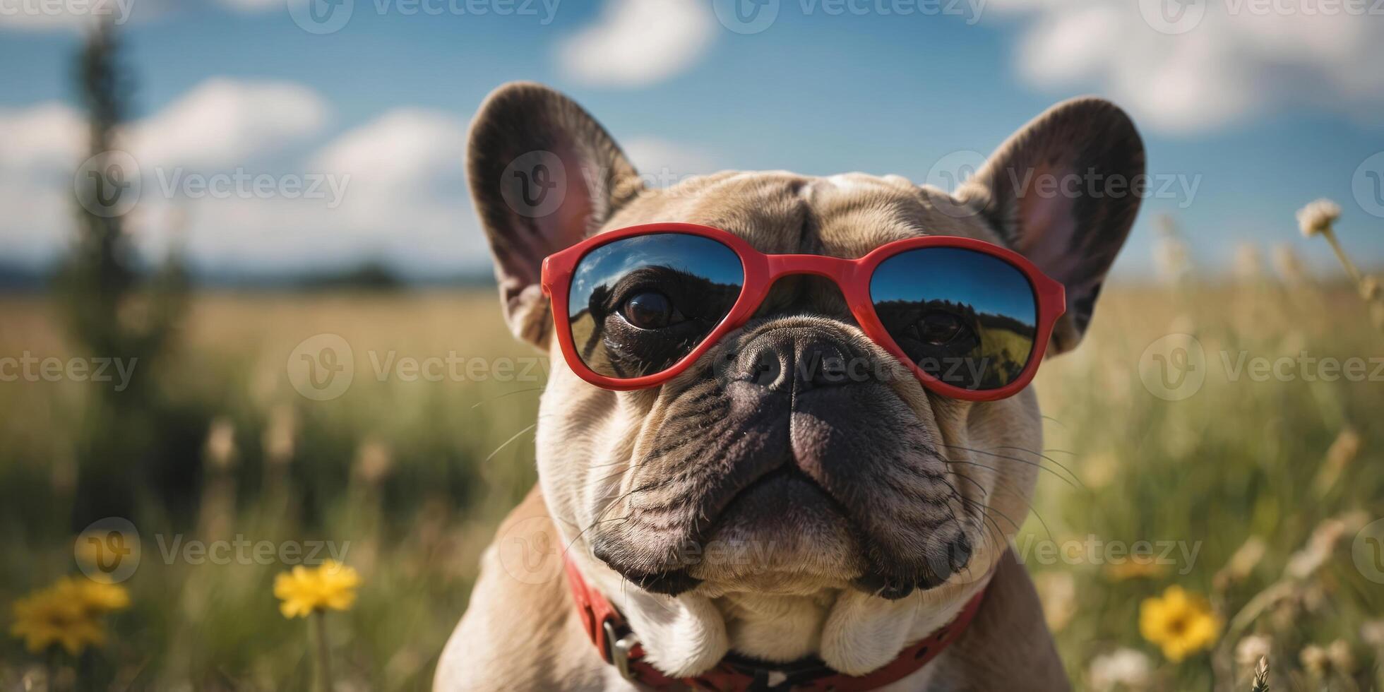 Adorable cute happy French Bulldog dogs wearing sunglasses in summer in front of meadow and blue sky on hot day. photo