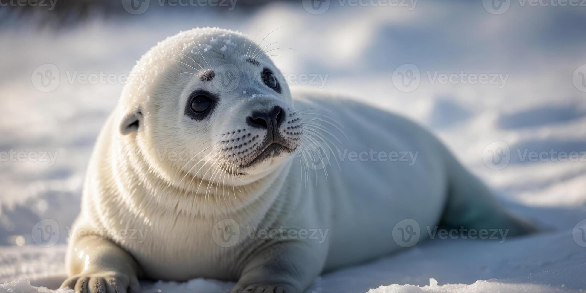 Adorable seal pup with white fur in snow. photo